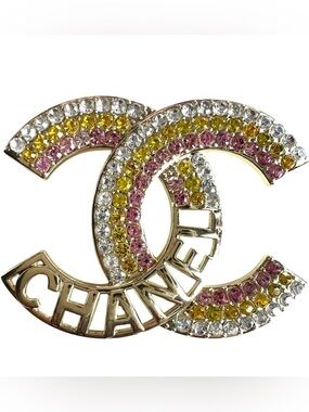 ChaneI Multi-Color Crystal Gold-Tone Spell- Out Brooch